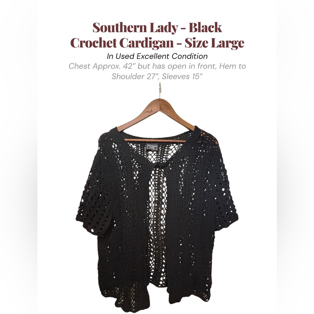 Southern Lady Black Crochet Cardigan L Open Front Boho Layering